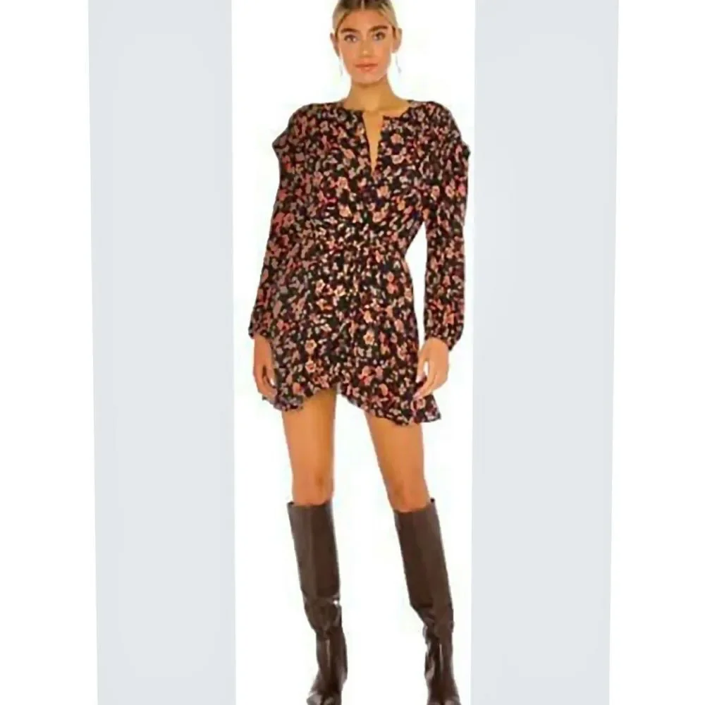 Free People Flower Fields Button Down Pleated Drawstring Waist Dress Black NWT